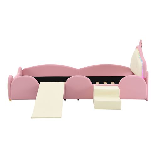 Lit Simple 90x200 Cm Enfant Avec LED, Toboggan, Protection Anti-chute, Couronne, Pu Et Bois, Rose