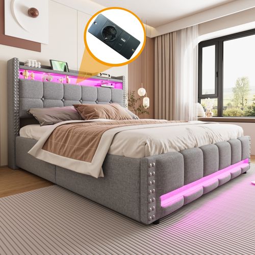 Lit Coffre Double 160x200 Cm - Rangement, Éclairage LED Et Prise USB, Tissu Lin, Gris Clair