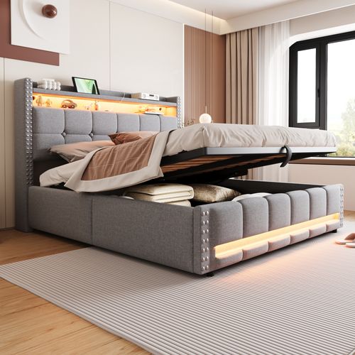 Lit Coffre Double 160x200 Cm - Rangement, Éclairage LED Et Prise USB, Tissu Lin, Gris Clair