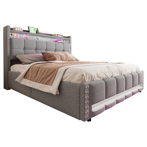 Lit Coffre Double 160x200 Cm - Rangement, Éclairage LED Et Prise USB, Tissu Lin, Gris Clair
