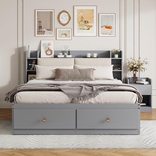 Lit Double 140x200 Cm - Rangement Et Tiroirs Latéraux, Banc Coffre Pour Gain De Place - Gris