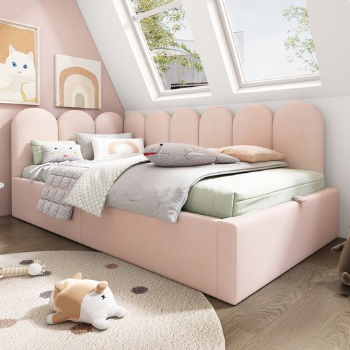 Lit Coffre Enfant 90x200 Cm - Rangement Hydraulique, Cadre Métallique En Velours Rose,