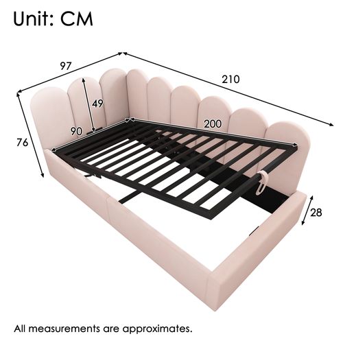 Lit Coffre Enfant 90x200 Cm - Rangement Hydraulique, Cadre Métallique En Velours Rose,