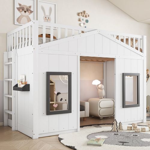 Lit Mezzanine 90x200 Cm Enfant Avec Échelle, Protection Anti-chute, Fenêtres, Design Bois, Blanc