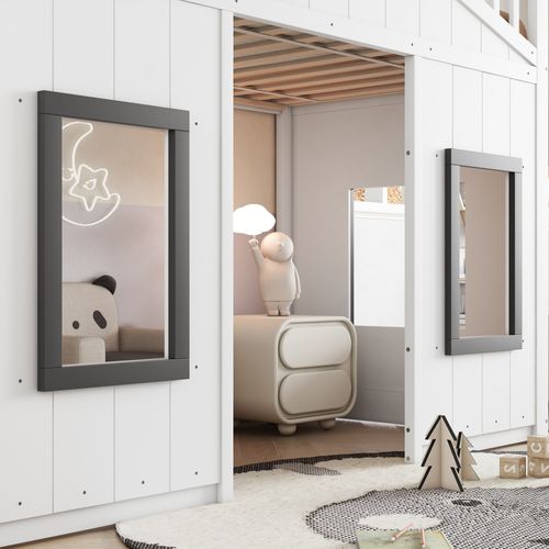 Lit Mezzanine 90x200 Cm Enfant Avec Échelle, Protection Anti-chute, Fenêtres, Design Bois, Blanc