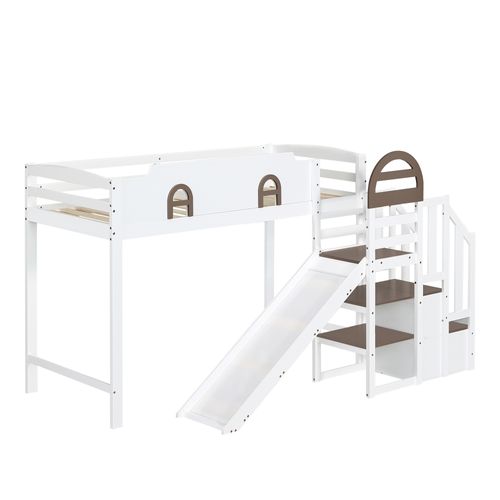 Lit Mezzanine Enfant 90x200 Cm, Toboggan, Escalier Armoire, Étagère, Pin Et Mdf, Blanc/marron