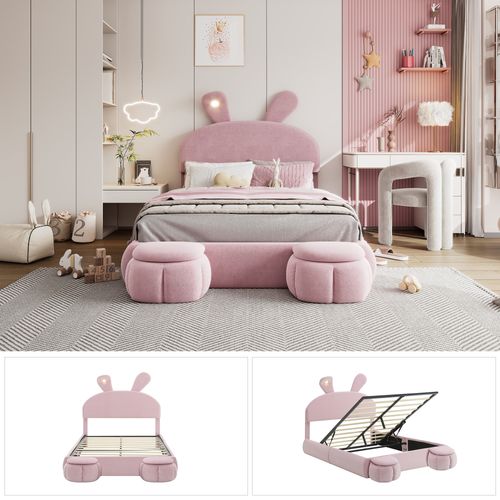 Lit Double 140x200 Cm Enfant Rembourré Avec Oreilles De Lapin Et 2 Tabourets, Velours, Rose