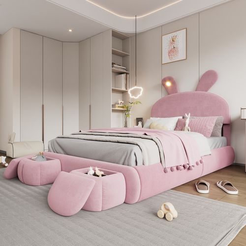 Lit Double 140x200 Cm Enfant Rembourré Avec Oreilles De Lapin Et 2 Tabourets, Velours, Rose