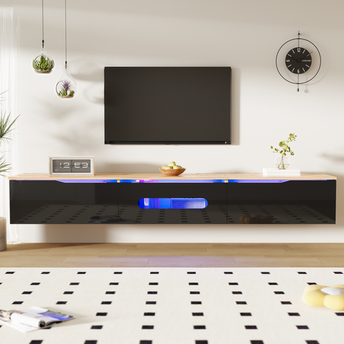 Meuble TV Mural Moderne, LED 16 Couleurs, Rangement Intégré, Mdf Noir Et Bois