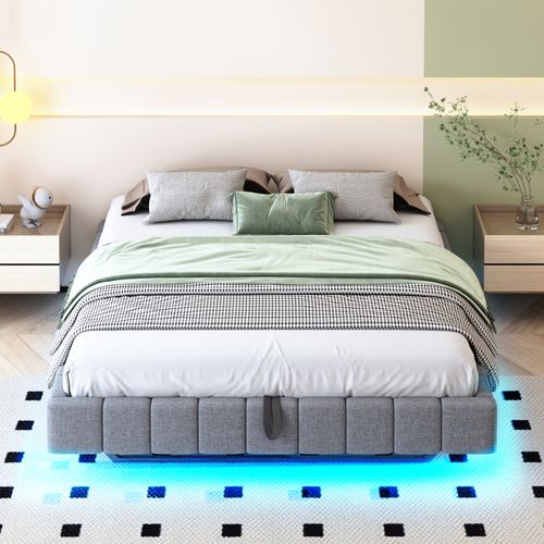 Lit Coffre 160x200 Cm Double Tissu Gris Avec Sommier Relevable, Rangement, Bande LED
