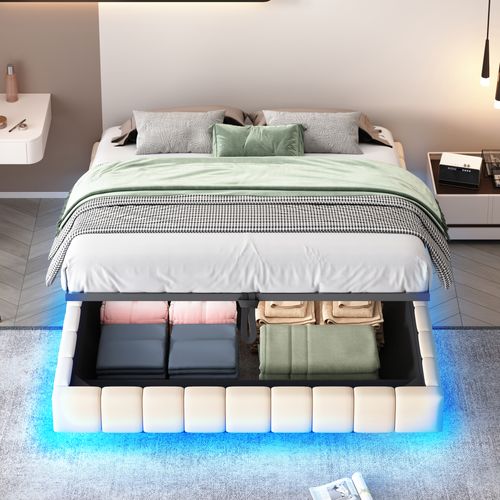 Lit Coffre Double 160x200 Cm - Sommier à Ressorts Et Rangement Intégré, LED Incluse, Lin Beige