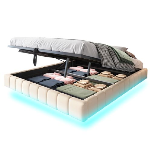Lit Coffre Double 160x200 Cm - Sommier à Ressorts Et Rangement Intégré, LED Incluse, Lin Beige