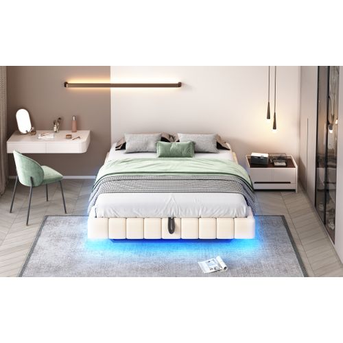 Lit Coffre Double 160x200 Cm - Sommier à Ressorts Et Rangement Intégré, LED Incluse, Lin Beige