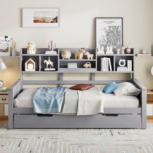 Lit Gigogne Simple 90x200 Cm En Bois, Rangement Intégré, Multifonction, Pratique Et Spacieux, Gris