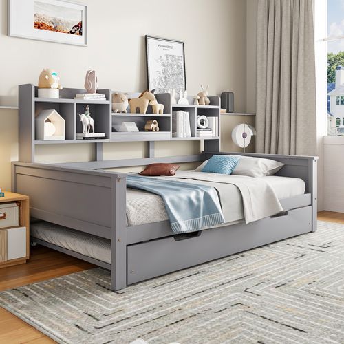 Lit Gigogne Simple 90x200 Cm En Bois, Rangement Intégré, Multifonction, Pratique Et Spacieux, Gris