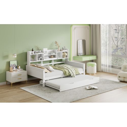 Lit Gigogne 90x200 Cm Avec Lit Supplémentaire 90x190 Cm, Tiroirs, Multifonction, Bois, Blanc