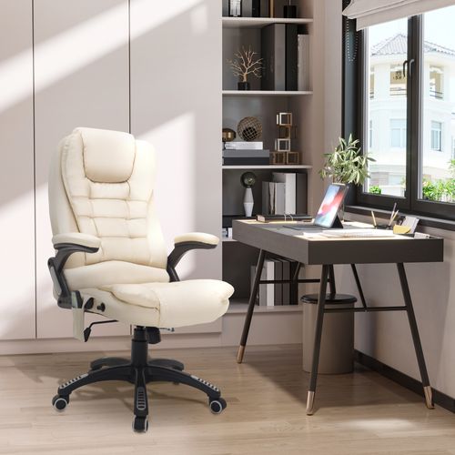 Fauteuil De Bureau Ergonomique Massant Et Chauffant, Relax Inclinable, Pivotant - Similicuir Beige