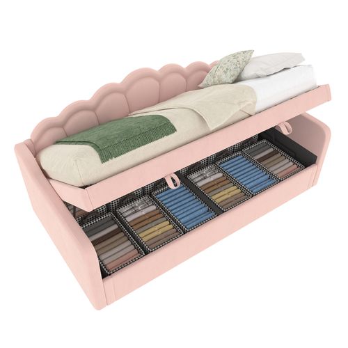 Lit Coffre 90x200 Cm Avec Rangement Hydraulique, Bande LED Multicolore, Revêtement Velours, Rose