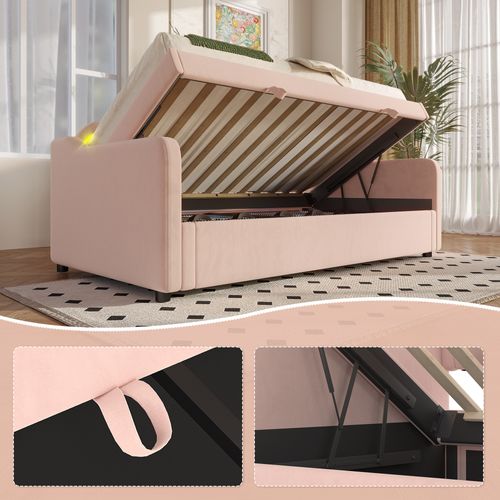 Lit Coffre 90x200 Cm Avec Rangement Hydraulique, Bande LED Multicolore, Revêtement Velours, Rose