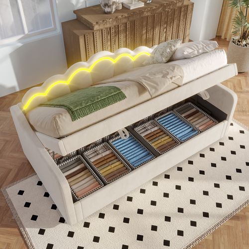 Lit Coffre 90x200 Cm Avec Rangement Hydraulique, Bande LED Multicolore, Revêtement Velours, Beige