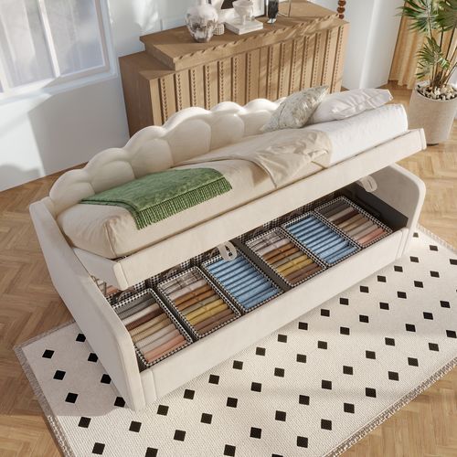 Lit Coffre 90x200 Cm Avec Rangement Hydraulique, Bande LED Multicolore, Revêtement Velours, Beige