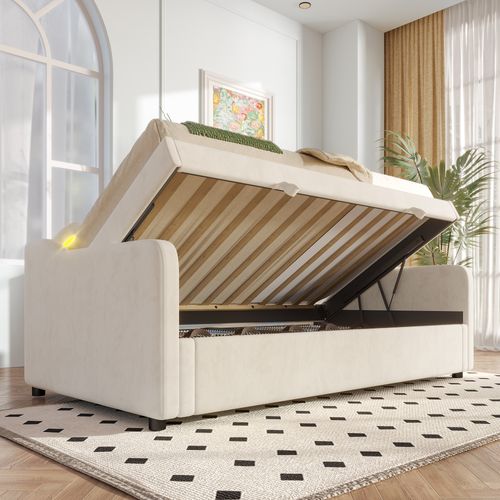 Lit Coffre 90x200 Cm Avec Rangement Hydraulique, Bande LED Multicolore, Revêtement Velours, Beige