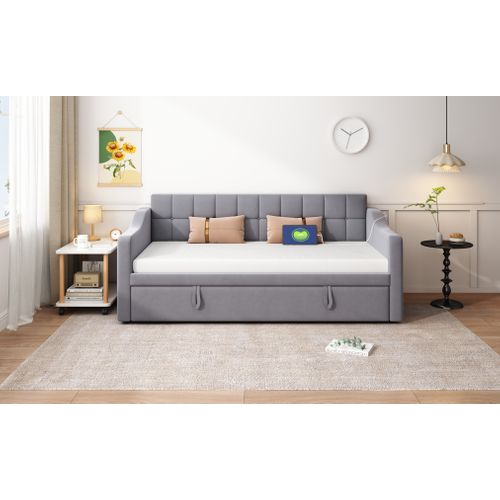 Lit Gigogne Capitonné 2-en-1 90/180×190 Cm, Rangement, Prise USB,  Velours, Gris