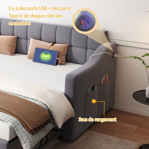 Lit Gigogne Capitonné 2-en-1 90/180×190 Cm, Rangement, Prise USB,  Velours, Gris