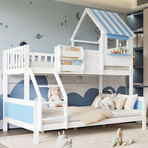 Lit Superposé 90x200 et 120x200 Cm Cabane Avec Toit, Rangement Intégré, Pin et Mdf, Blanc/bleu