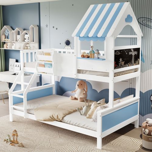Lit Superposé 90x200 et 120x200 Cm Cabane Avec Toit, Rangement Intégré, Pin et Mdf, Blanc/bleu