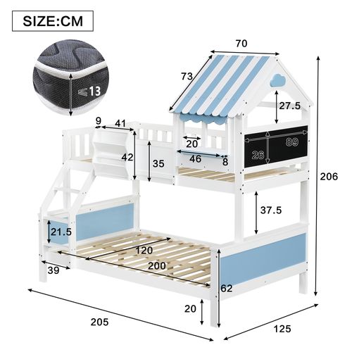 Lit Superposé 90x200 et 120x200 Cm Cabane Avec Toit, Rangement Intégré, Pin et Mdf, Blanc/bleu