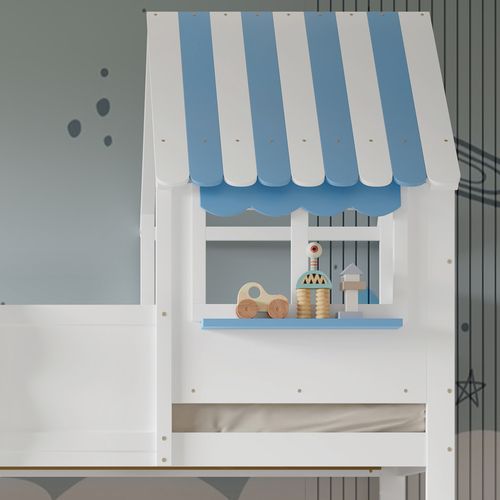 Lit Superposé 90x200 et 120x200 Cm Cabane Avec Toit, Rangement Intégré, Pin et Mdf, Blanc/bleu