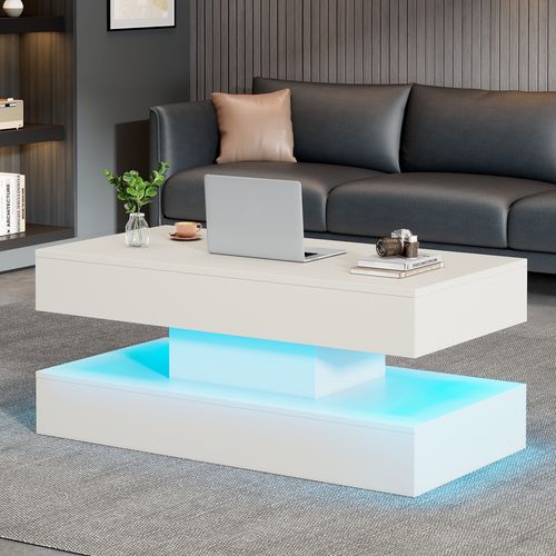 Table Basse Salon, Plateau Relevable, LED, Rangement Intégré, Panneau De Particules, Blanc.