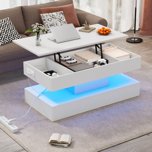 Table Basse Salon, Plateau Relevable, LED, Rangement Intégré, Panneau De Particules, Blanc.