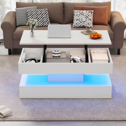 Table Basse Salon, Plateau Relevable, LED, Rangement Intégré, Panneau De Particules, Blanc.