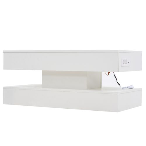 Table Basse Salon, Plateau Relevable, LED, Rangement Intégré, Panneau De Particules, Blanc.