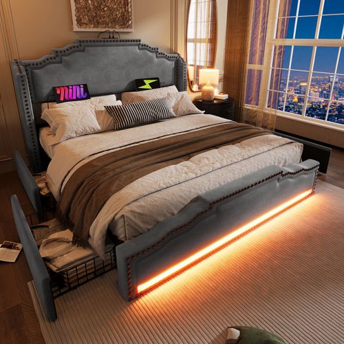 Lit 180x200 Cm Double Ado Avec 4 Tiroirs, Bande LED, USB-c, Velours Gris