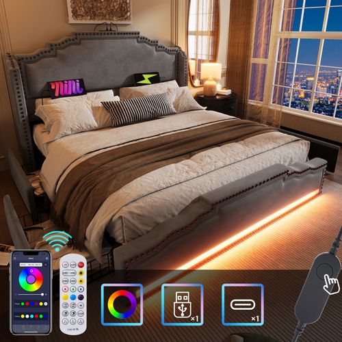 Lit 180x200 Cm Double Ado Avec 4 Tiroirs, Bande LED, USB-c, Velours Gris