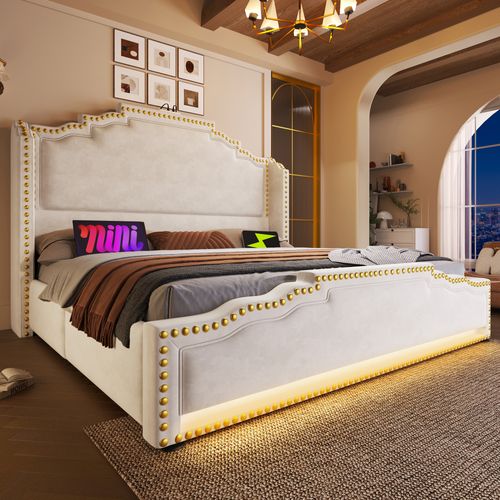 Lit 180x200 Cm Double Ado Avec 4 Tiroirs, Bande LED, USB-c, Velours Beige