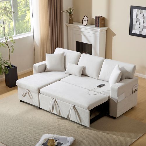 Canapé D’angle Convertible Avec Coffre De Rangement Et Étagère Intégrée - Tissu Oxford, Blanc