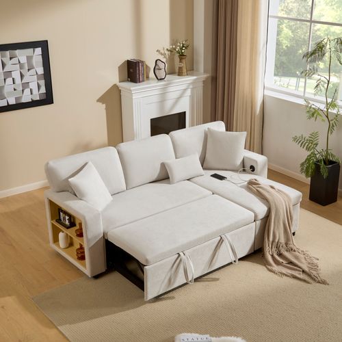 Canapé D’angle Convertible Avec Coffre De Rangement Et Étagère Intégrée - Tissu Oxford, Blanc