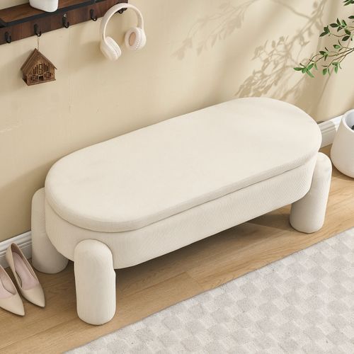 Banc De Rangement D’entrée Avec Coffre, Banquette Rembourrée En Chenille Et Bois, Beige