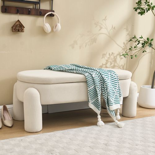 Banc De Rangement D’entrée Avec Coffre, Banquette Rembourrée En Chenille Et Bois, Beige