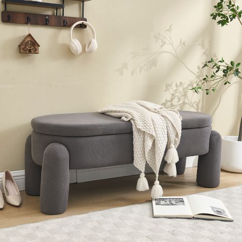 Banc De Rangement D’entrée Avec Coffre, Banquette Rembourrée En Chenille Et Bois, Gris