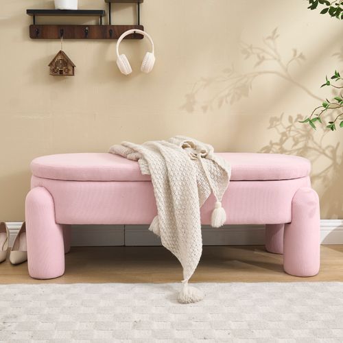 Banc De Rangement D’entrée Avec Coffre, Banquette Rembourrée En Chenille Et Bois, Rose