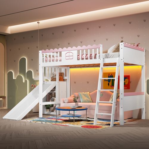 Lit Mezzanine 90x200 Cm - Lit Simple Avec Étagère, Toboggan Et Éclairage LED - Blanc