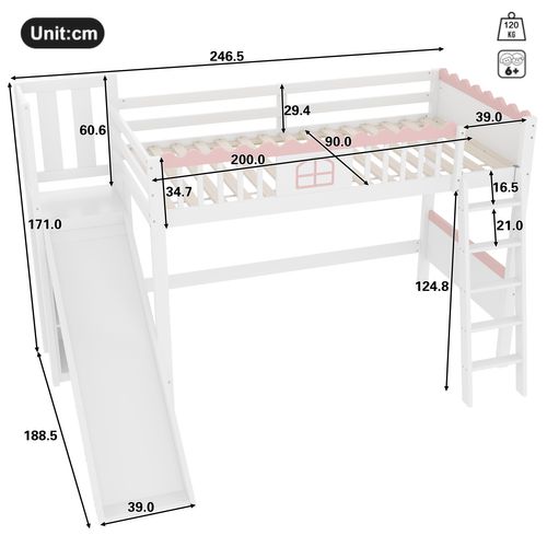 Lit Mezzanine 90x200 Cm - Lit Simple Avec Étagère, Toboggan Et Éclairage LED - Blanc