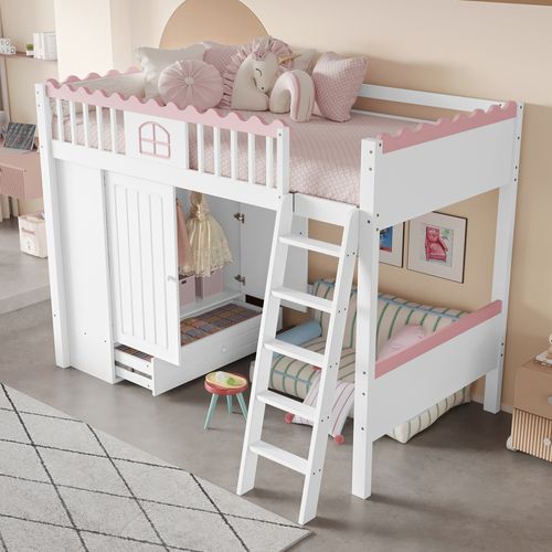 Lit Mezzanine 90x200 Cm Avec Tiroir, Penderie Et Éclairage LED Télécommandé, Blanc