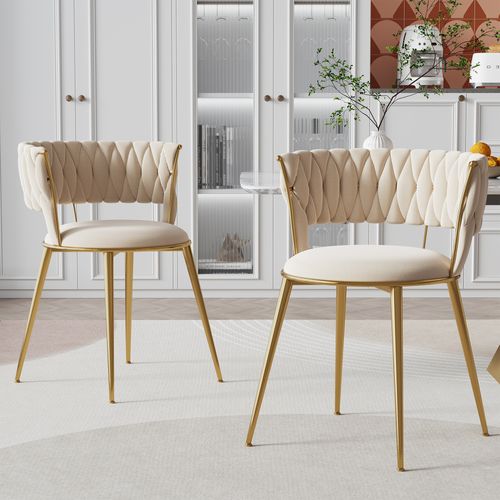 Chaises - Velours Avec Accoudoirs Dossier Sculpté Assise Rembourrée Pieds Métal Dorés, Beige