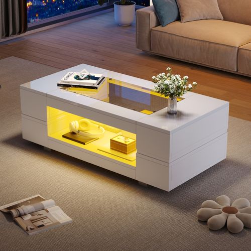 Table Basse Moderne, LED Et Appli Bluetooth, Double Niveau, Plateau Creux Mdf Et Verre Trempé, Blanc
